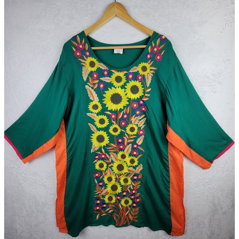 Moda Bohemian Midi Sheath Mumu Dress Sz L Whimsical Beachy Floral Embroidery